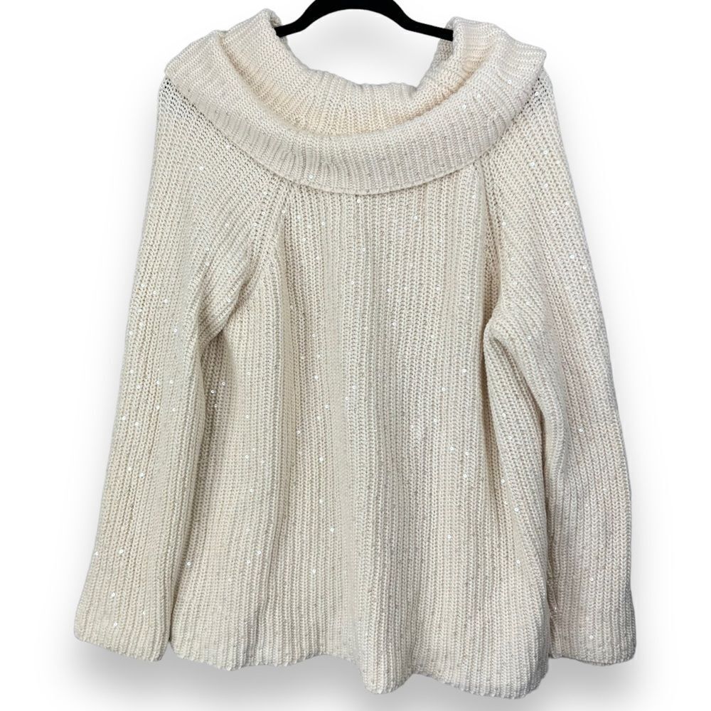 Talbots 1X Women’s Wool Sequin Cowl Neck Knit Pullover Sweater Cream Gold Soft